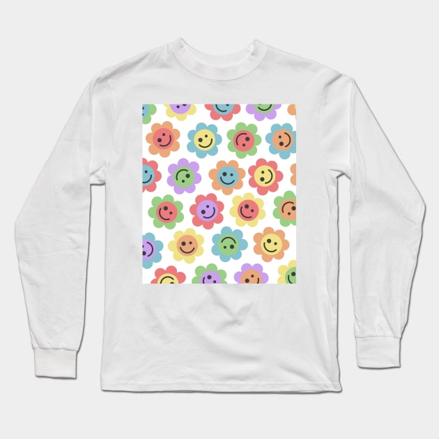 Rainbower Rainbow Flower Happy Faces Long Sleeve T-Shirt by gray-cat